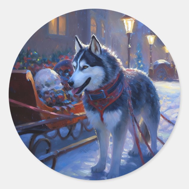 Sticker Rond Saison de Noël Sibérienne Husky (Devant)