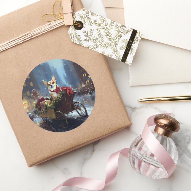 Sticker Rond saison des fêtes de Noël de chihuahua (Cadeaux)