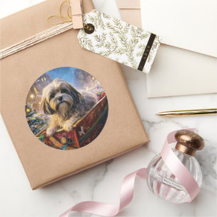 Sticker Rond Saison Festive de Noël de Lhasa Apso