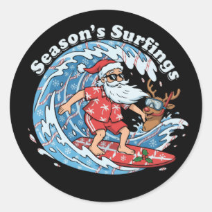 Sticker Rond Saisons de Fun Surf de Santa Hawaïen