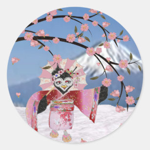 Sticker Rond Sakura Geisha Bird dans les fleurs de cerisiers de