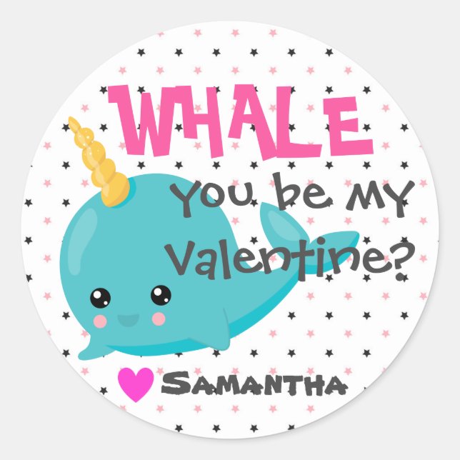 Sticker Rond Salle de classe Narwhal Valentine "Whale you be mi (Devant)