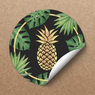 Sticker Rond Salon de Spa aux feuilles tropicales et ananas dor