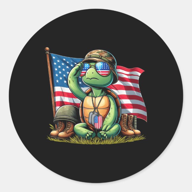 Sticker Rond Saluer Turtle American Usa Drapeau Jour commémorat (Devant)