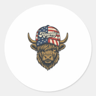 Sticker Rond Salut Vache Highland Patriotique Design Western Vi