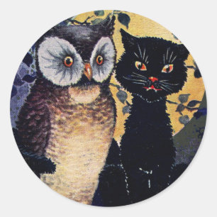 Sticker Rond Salutation vintage de Halloween de hibou et de