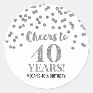 Sticker Rond Salutations à 40 ans Anniversaire Argent Confetti