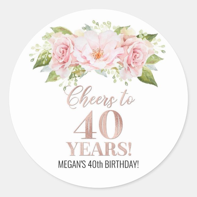 Sticker Rond Salutations à 40 ans Anniversaire Rose or rose Flo (Devant)