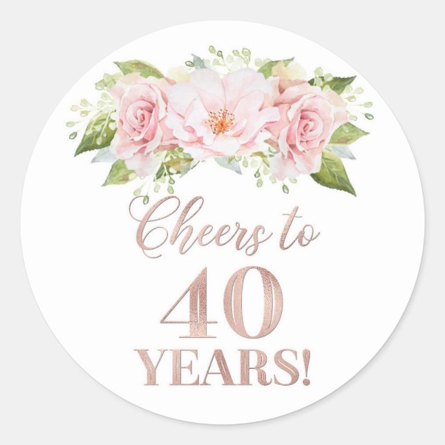 Sticker Rond Salutations à 40 ans Anniversaire Rose or rose Flo (Devant)