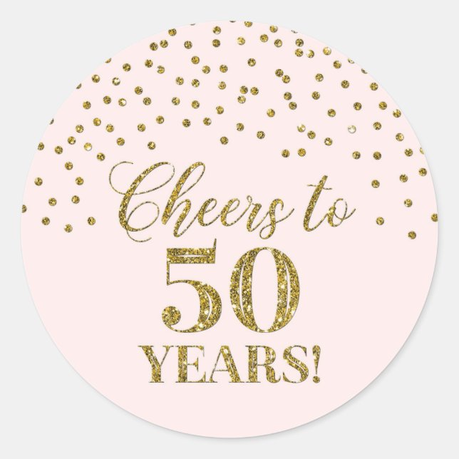 Sticker Rond Salutations à 50 ans Anniversaire Pink Gold Confet (Devant)