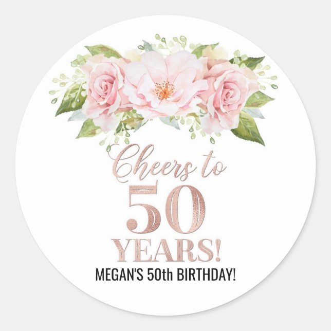 Sticker Rond Salutations à 50 ans Anniversaire Rose or rose Flo (Devant)