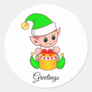 Sticker Rond Salutations de lutin vert mignon sur un autocollan