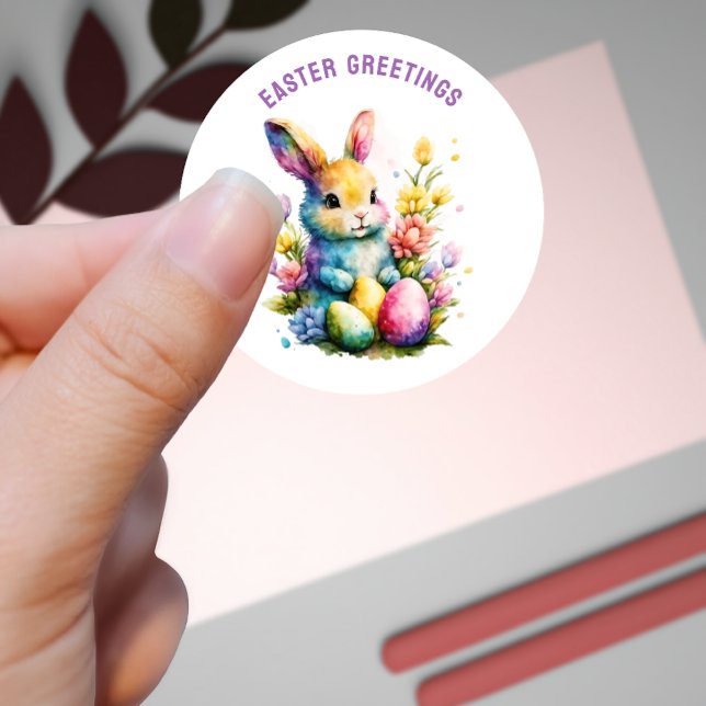 Sticker Rond Salutations de Pâques Bunny coloré personnalisé (Créateur téléchargé)