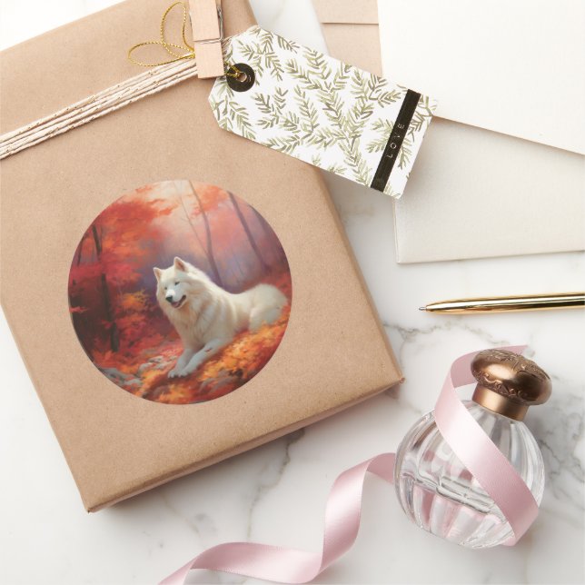 Sticker Rond Samoyé en automne Leaves Fall Inspire (Cadeaux)