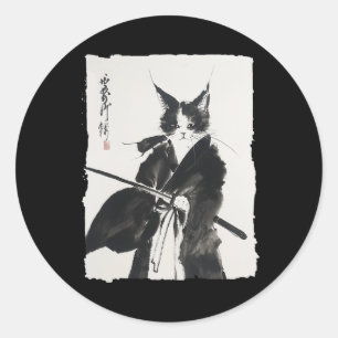 Sticker Rond Samurai Cat Tee Vintage Ukiyo-e Guerrier Art Graph