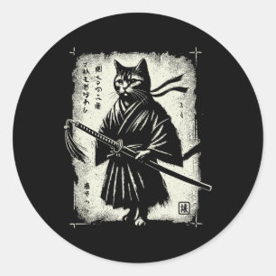 Sticker Rond Samurai Cat Ukiyo-e Warrior Art Graphisme Sumi-e C