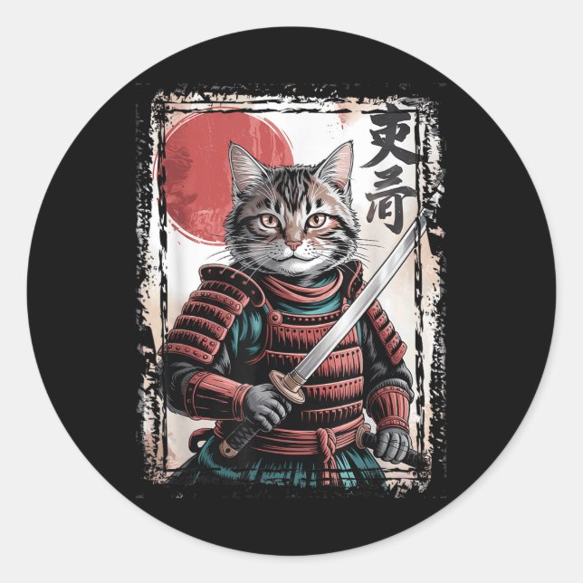Sticker Rond Samurai Chat Guerrier Ukiyo Ink Artwork Cat Samura (Devant)