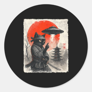Sticker Rond Samurai Ninja Chat Guerrier Ufo Cadeaux Anime Japo