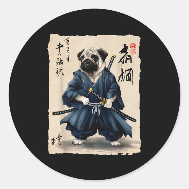 Sticker Rond Samurai Pug Japanese Anime Dog Pug Lover Funny For (Devant)