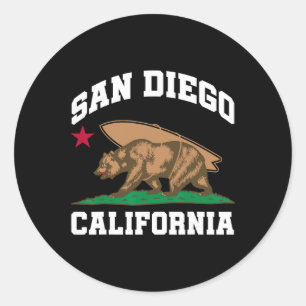 Sticker Rond San Diego Californie Ours Surfant Surfeur