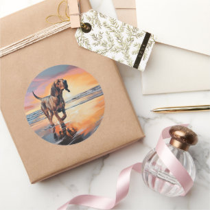 Sticker Rond Sandy Paws Bloodhound Dog on Beach Sunset