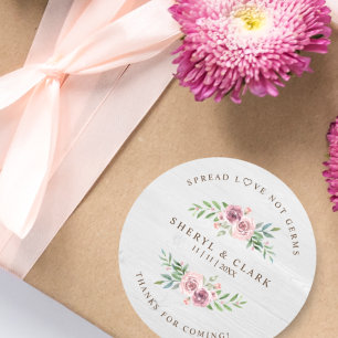 Sticker Rond Sanitizer Mariage à fleurs en bois blanc personnal