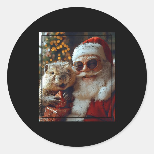 Sticker Rond Santa And Beaver Selfie Funny Christmas Design  (Devant)