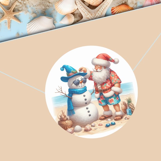 Sticker Rond Santa and Snowman Tropical Island Christmas (Créateur téléchargé)
