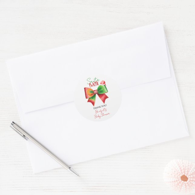 Sticker Rond Santa Baby shower bow and Santa hat Christmas (Enveloppe)