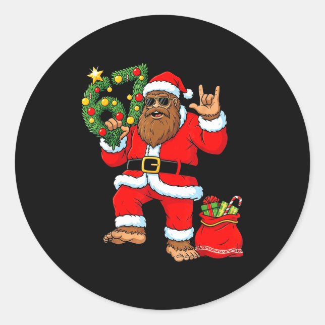 Sticker Rond Santa Bigfoot Christmas Tree Sasquatch 67 Six Seve (Devant)