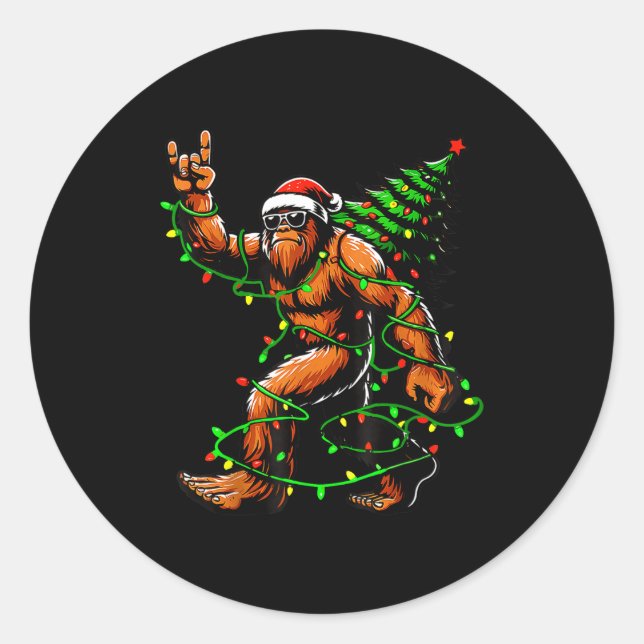 Sticker Rond Santa Bigfoot Christmas Tree Xmas Lights Funny Sas (Devant)