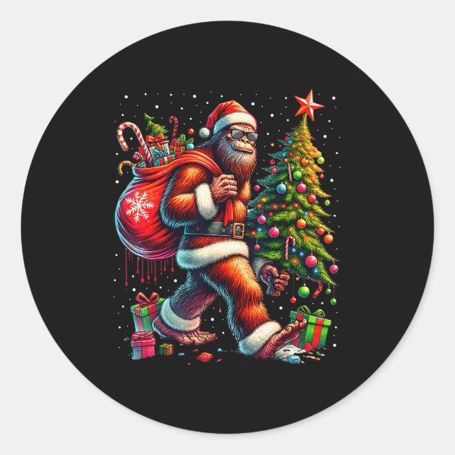 Sticker Rond Santa Bigfoot Christmas Tree Xmas Lights Funny Sas (Devant)