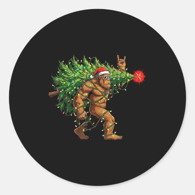 Sticker Rond Santa Bigfoot Christmas Tree Xmas Lights Funny Sas (Devant)