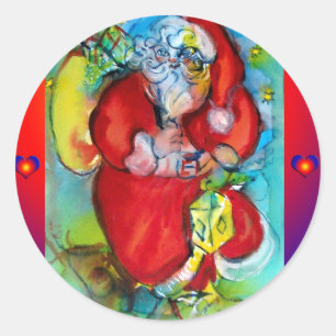 STICKER ROND SANTA CLAUS AVEC LANTERN DANS LA NUIT DE NOËL