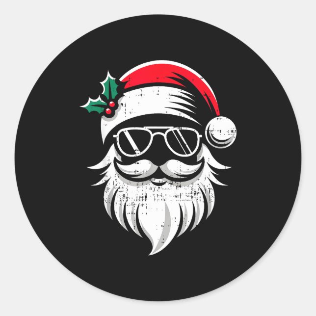 Sticker Rond Santa Claus Face Sungles With Hat Beard Christmas  (Devant)
