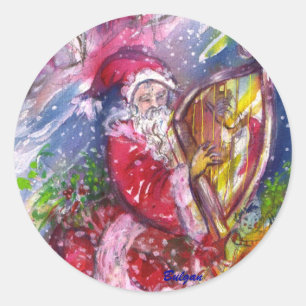 STICKER ROND SANTA CLAUS JOUANT À LA HARPE EN LUMIÈRE DE LA LUN