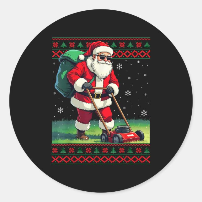 Sticker Rond Santa Claus Mowing Lawn Ugly Christmas Holiday Boy (Devant)