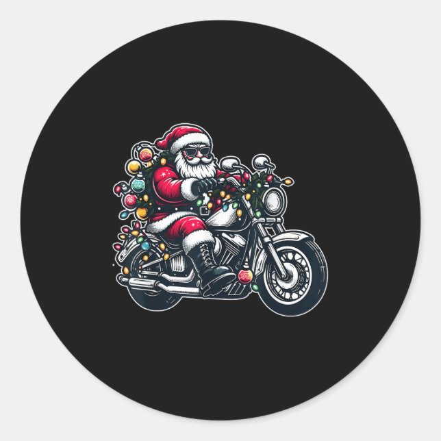 Sticker Rond Santa Claus On Motorcycle Funny Biker Christmas Xm (Devant)