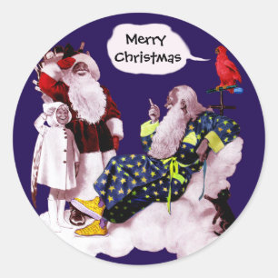 Sticker Rond SANTA CLAUS, PETITE ANGEL & MERLIN Noël