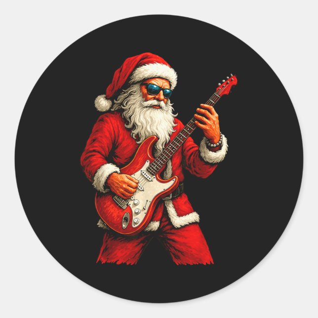 Sticker Rond Santa Claus Playing Guitar Funny Christmas Rock Gu (Devant)