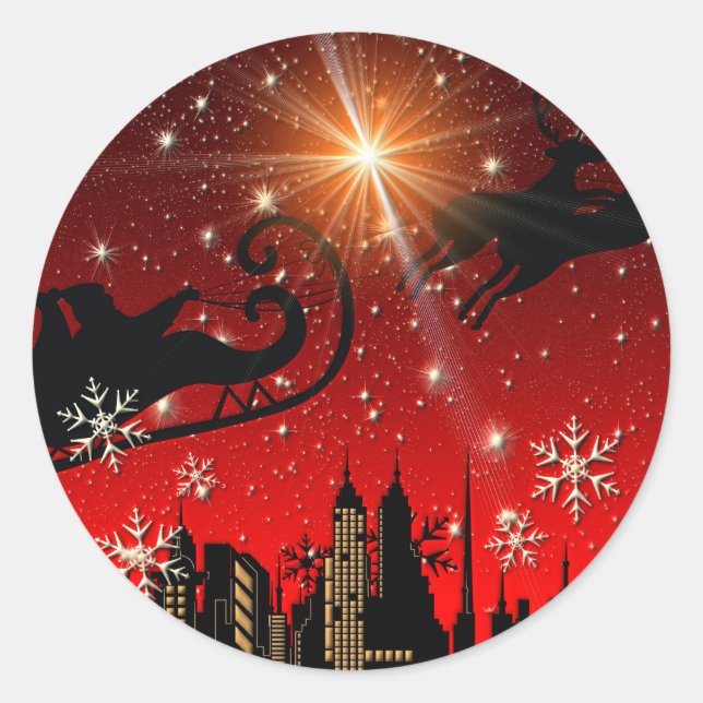 Sticker Rond Santa Claus Reindeer et Sleigh Flying (Devant)