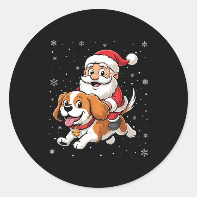 Sticker Rond Santa Claus Riding Cavalier King Charles Spaniel D (Devant)