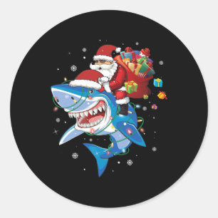 Sticker Rond Santa Claus Riding Shark Lover Joyeux Noël Xma