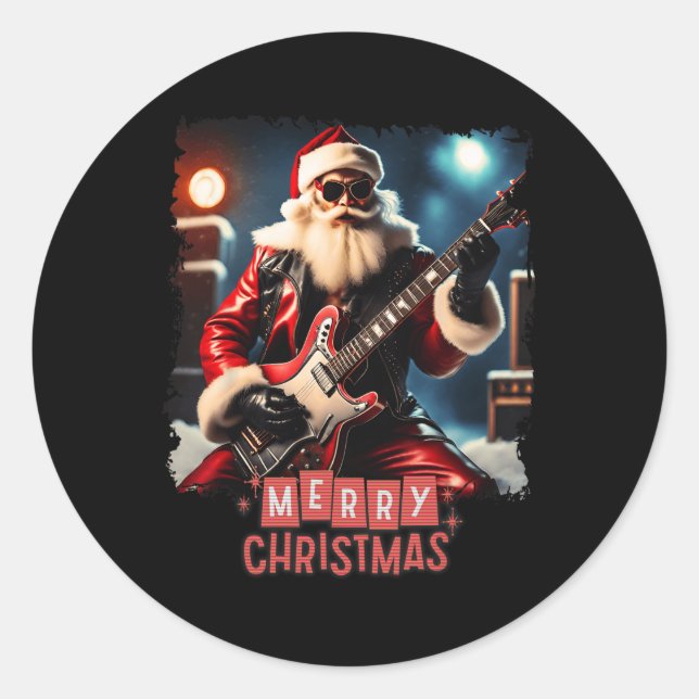 Sticker Rond Santa Claus Rock Guitare Joyeux Noël (Devant)