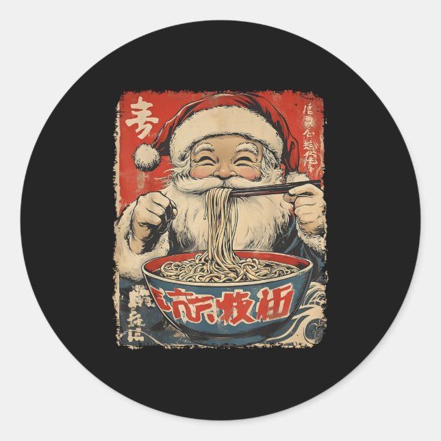 Sticker Rond Santa Eating Ramen Noodles Ukiyo-e Insred Christma (Devant)