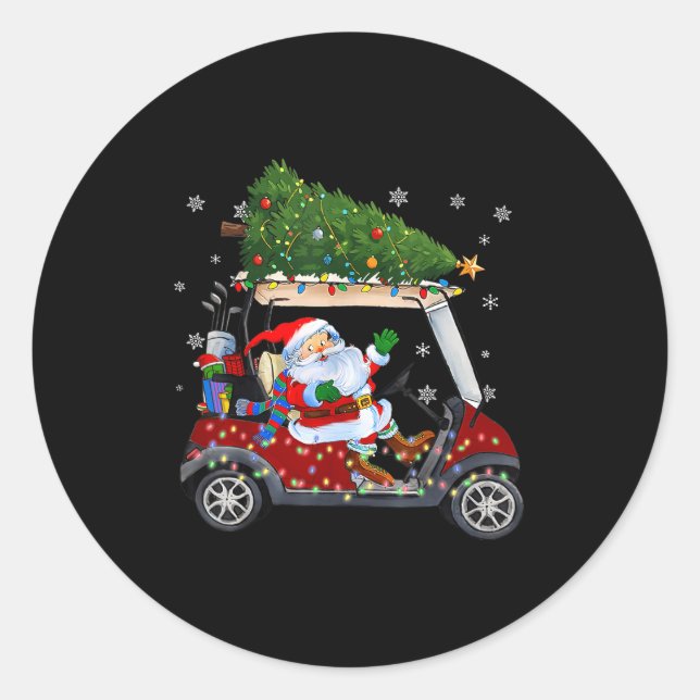 Sticker Rond Santa Golf Cart Christmas Tree Lights Xmas Golfer  (Devant)