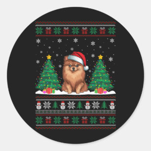Sticker Rond Santa Hat Chien Poméranien Feu d'Arbre de Noël