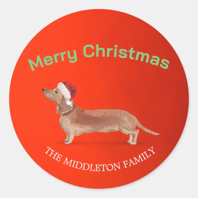 Sticker Rond Santa Hat Chien Tan Dachshund Rouge Joyeux Noël (Devant)