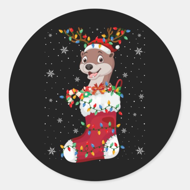 Sticker Rond Santa Hat Otter Animal In Socks Xmas Tree Lights T (Devant)