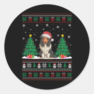 Sticker Rond Santa Hat Porté Collie Chien Xmas Les lumières des